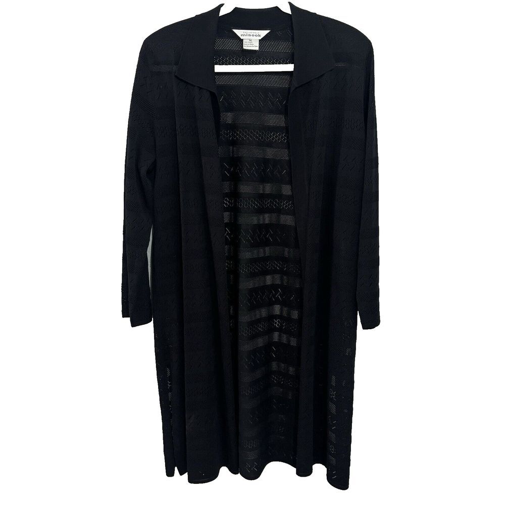 Exclusively Misook Black Sheer Acrylic Knit Long Cardigan Sweater M‎